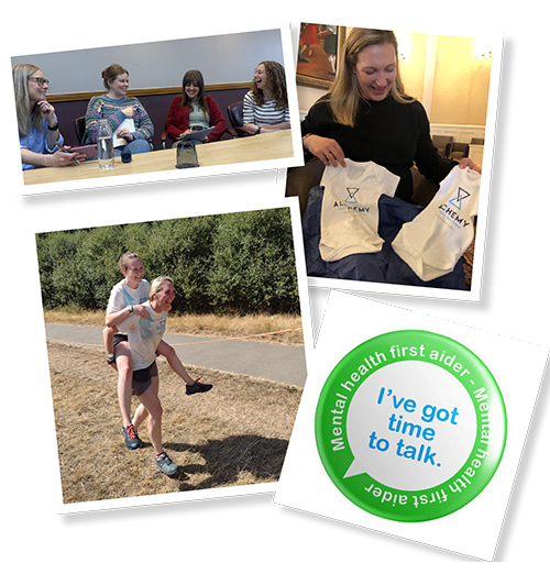 Graphic featuring Alchemy team members and mental first aid logo